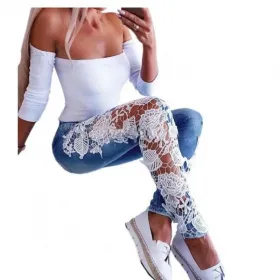 SPODNIE JEANSOWE elastyczne WSTAWKI z koronki L